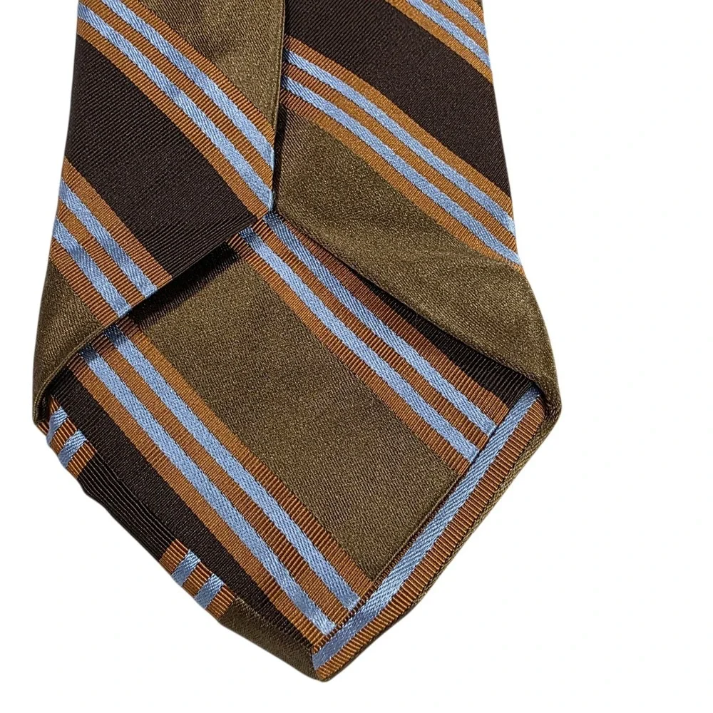 Ike Behar 7-Fold Mens Tie Necktie Designer Luxury Brown Blue‎ Stripe Cotton Silk